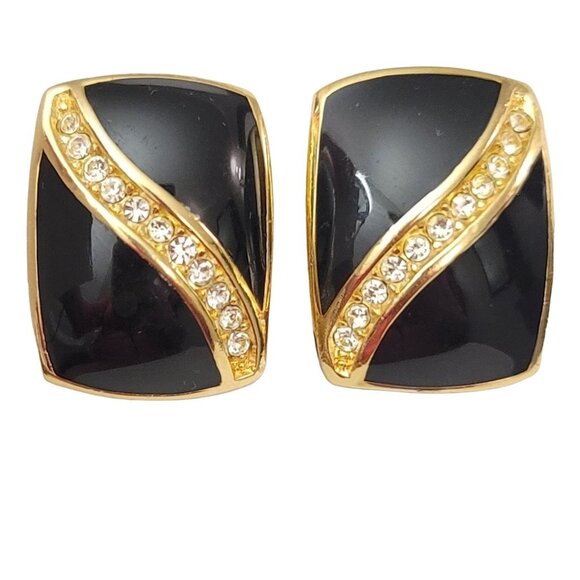 Christian Dior Gold Tone Black Enamel & Clear Rhinestone Clip On Earrings Signed - Picture 1 of 12